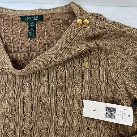 NWT Lauren Ralph Lauren Gold Metallic Cable Knit Sweater Holiday Gold Buttons 1X - Picture 4 of 11